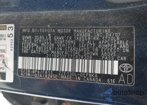 2007 Toyota Corolla Ce/Le/S z USA, uszkodzony, nr VIN 2T1BR32E17C828308